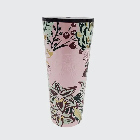 Starbucks 2022 Holiday Winter Pink Enchanted Forest Floral Stainless Tumbler - Picture 1 of 8